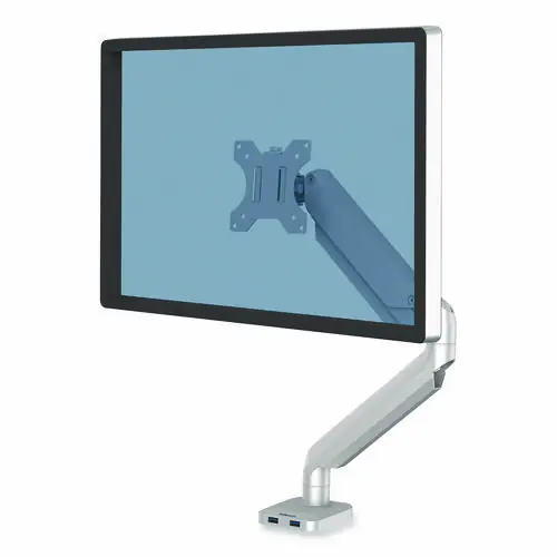 Fellowes® Platinum Series Single Monitor Arm, Silver, Supports up to 27" Monitor, 360° Rotation, 45° Tilt, 180° Pan, 20 lb Capacity