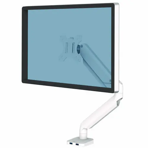 Fellowes® Platinum Series Single Monitor Arm, For 27" Monitors, 360° Rotation, 45° Tilt, 180° Pan, White, Supports 20 lb
