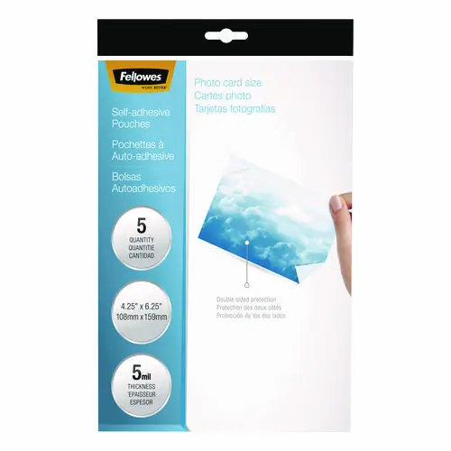 Fellowes® Self-Adhesive Laminating Pouches, 5 mil, 4.25" x 6.25", Gloss Clear, 5/Pack