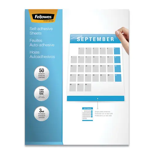 Fellowes® Self-Adhesive Laminating Sheets, 3 mil, 9.25" x 12", Gloss Clear, 50/Box
