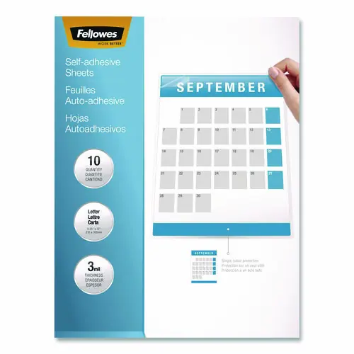 Fellowes® Self-Adhesive Laminating Sheets, 3 mil, 9.25 x 12, Glossy Clear, 10/Pack