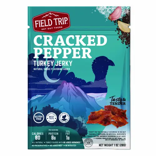 Field Trip® Turkey Jerky, Cracked Pepper Turkey, 1 oz, 12 Bags/Carton