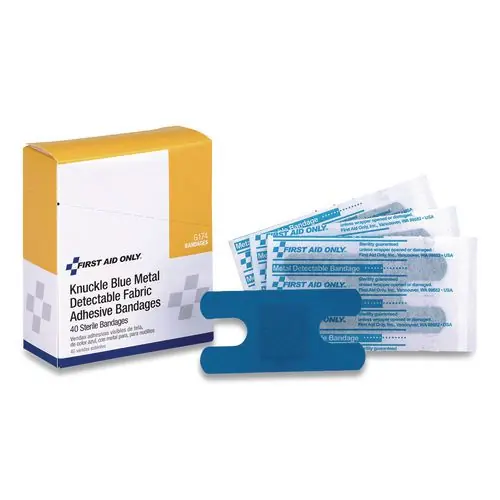 First Aid Only™ Blue Metal Detectable Fabric Adhesive Bandages, Four-Wing Knuckle, 40/Box