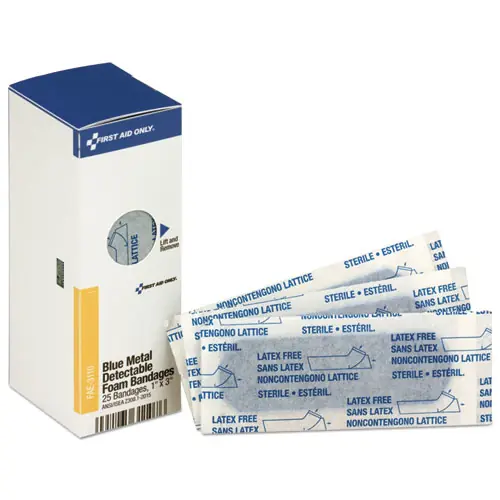 First Aid Only™ Metal Detectable Adhesive Bandages, Foam, Blue, 1" x 3", 25/Box