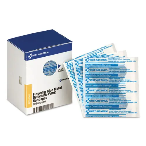 First Aid Only™ SmartCompliance Blue Metal Detectable Bandages, Fingertip, 1.75" x 2", 20/Box