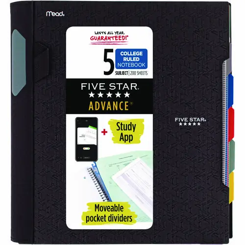 Five Star® Advance Wirebound Notebook, 5-Subject, Medium/College Rule, 200 Sheets, 11" x 8.5", Assorted Colors