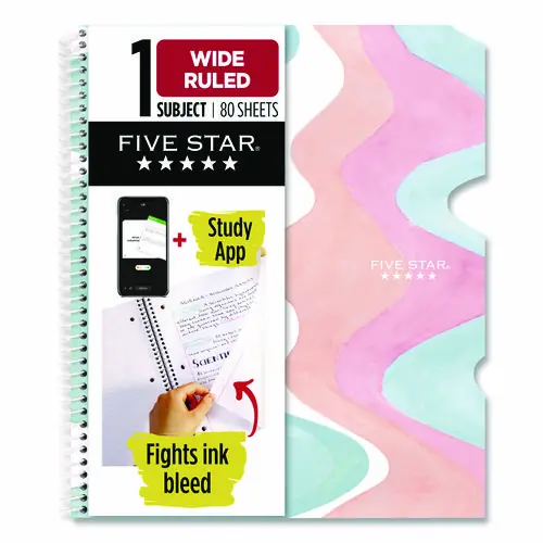 Five Star® Brushy Moves Pastel Waves Design Notebook, 1-Subject, Wide/Legal Rule, Assorted Cover, 80 Sheets, 11 x 8.5"
