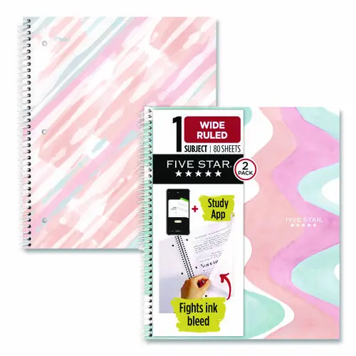 Five Star® Brushy Moves Spiral Notebook, 1-Subject, Medium/College Rule, Assorted Colors, 80 Sheets, 2-Pack