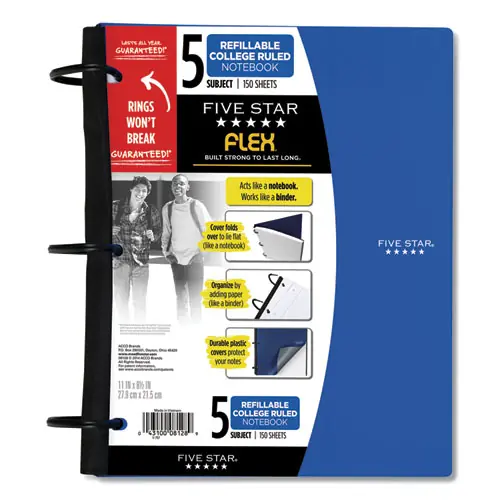 Five Star® FLEX Notebook, 5-Subject, Medium/College Rule, 150 Sheets, 11 x 8.5 Inches, Assorted Colors
