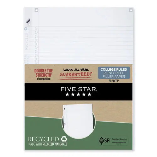 Five Star® Reinforced Filler Paper Plus Study App, 3-Hole, 8.5 x 11, College Rule, 80/Pack