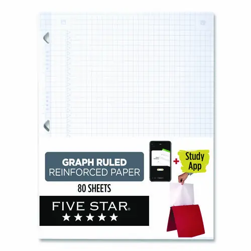 Five Star® Reinforced Filler Paper Plus Study App, 3-Hole, 8.5 x 11, Quadrille Rule, 80/Pack