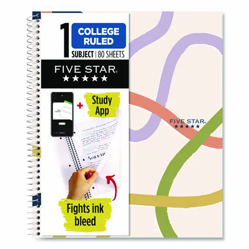 Five Star® Simple Waves Organic Lines Notebook with Study App, 1-Subject, Medium/College Rule, Assorted Colors, 80 Sheets, 11 x 8.5 Inches