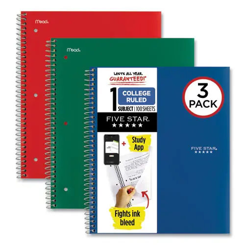 Five Star® Wirebound Notebook, 1-Subject, College Ruled, Assorted Colors, 100 Sheets, 11" x 8.5", 3 Pack