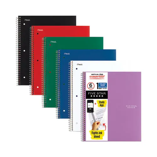 Five Star® Wirebound Notebook, 1-Subject, Medium/College Rule, Assorted Colors, 100 Sheets, 11" x 8.5", 6-Pack