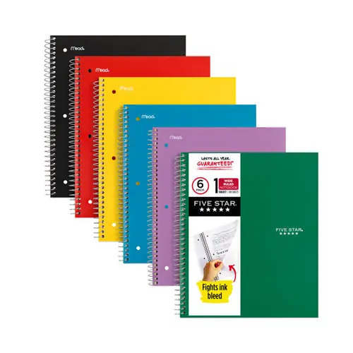 Five Star® Wirebound Notebook, 1-Subject, Wide/Legal Rule, Assorted Cover Colors, 100 Sheets, 10.5" x 8", 6/Pack