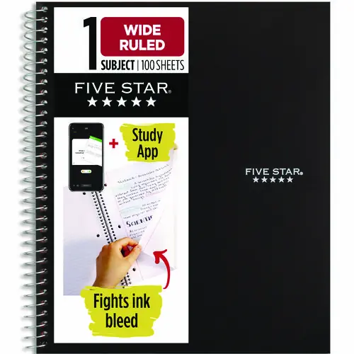 Five Star® Wirebound Notebook, 1-Subject, Wide/Legal Rule, Black Cover, 100 Sheets, 10.5" x 8.63"