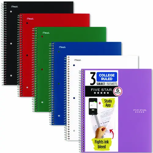 Five Star® Wirebound Notebook, 3-Subject, Medium/College Rule, Assorted Colors, 11" x 9.13", 150 Sheets, 6 Pack