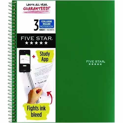 Five Star® Wirebound Notebook, 3-Subject, Medium/College Rule, 150 Sheets, 11 x 8.5, Assorted Colors