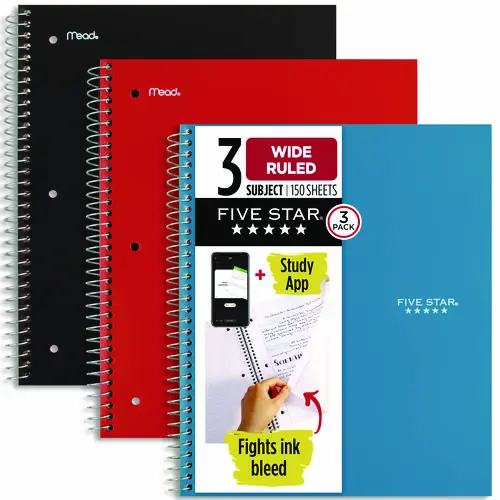 Five Star® Wirebound Notebook, 3-Subject, Wide/Legal Rule, Assorted Cover Colors, 150 Sheets, 3-Pack