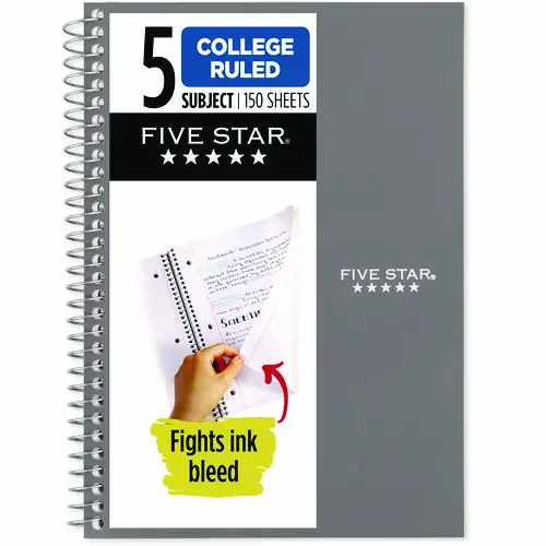 Five Star® Wirebound Notebook, 5-Subject, Medium/College Rule, Randomly Assorted Cover Color