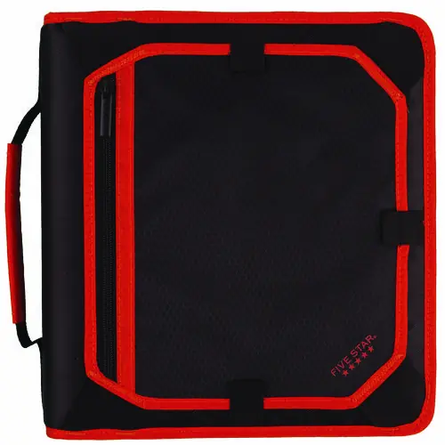 Five Star® Zipper Binder, 3-Ring, 2" Capacity, 11" x 8.5", Black with Red Accents