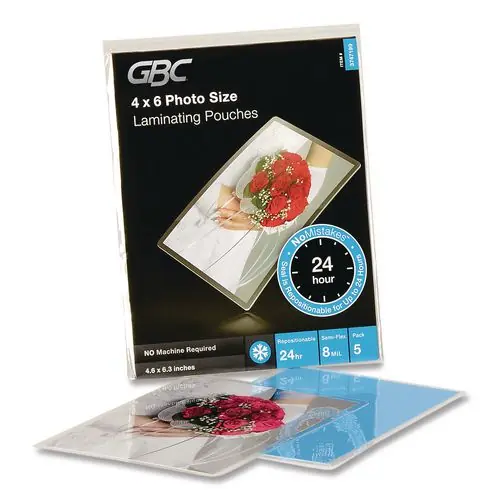 GBC® SelfSeal NoMistakes Repositionable Self-Adhesive Laminating Pouches, 8 mil, 4.6" x 6.3", Gloss Clear, 5/Pack