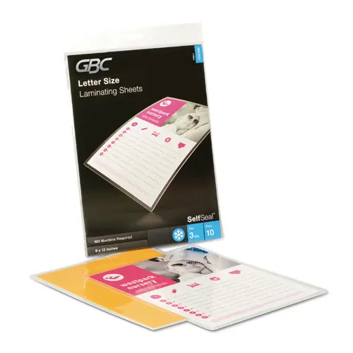 GBC® SelfSeal Self-Adhesive Laminating Pouches and Single-Sided Sheets, 3 mil, 9" x 12", Gloss Clear, 10/Pack