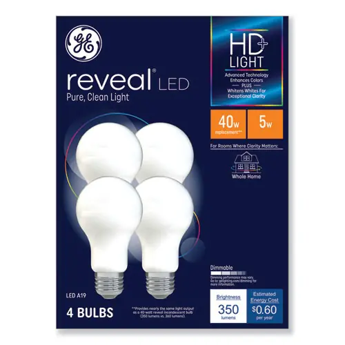 GE Reveal HD+ LED A19 Light Bulb, 5 W, 4/Pack