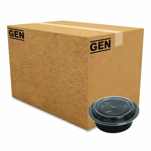 GEN Microwavable Food Container with Lid, Round, 16 oz, Black/Clear, Plastic, 150/Carton