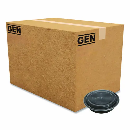 GEN Microwavable Food Container with Lid, Round, 24 oz, Black/Clear, Plastic, 150/Carton