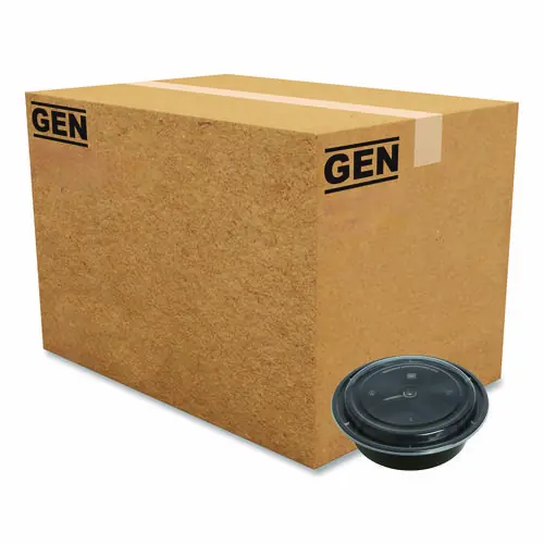 GEN Microwavable Food Container with Lid, Round, 32 oz, Black/Clear, Plastic, 150/Carton