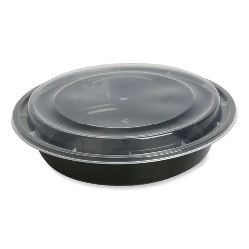 GEN Microwavable Food Container with Lid, Round, 48 oz, Black/Clear, Plastic, 150/Carton