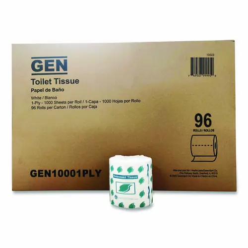 GEN Small Roll Bath Tissue, Septic Safe, 1-Ply, White, 1,000 Sheets/Roll, 96 Rolls/Carton