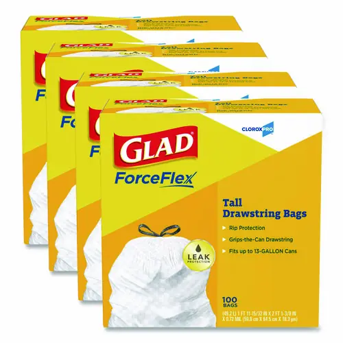 Glad® CloroxPro ForceFlex Tall Kitchen Drawstring Trash Bags, 13 gal, Gray, 100 Bags/Box, 4 Boxes/Carton