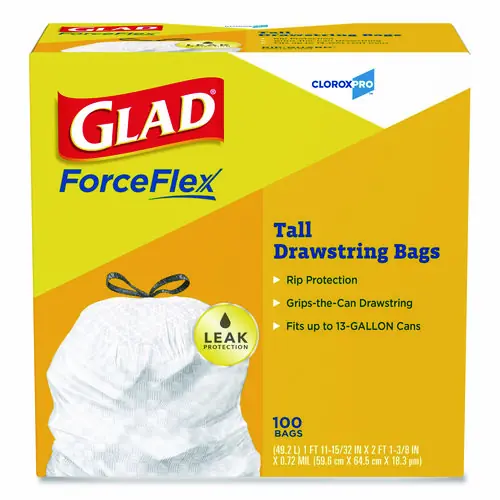 Glad® CloroxPro ForceFlex Tall Kitchen Drawstring Trash Bags, 13 gal, 24" x 27.38", Gray, 100/Box
