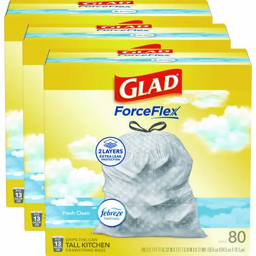 Glad® ForceFlex Kitchen Drawstring Trash Bags, 13 gal, Fresh Clean Scent, 80 Bags/Box, 3 Boxes/Carton