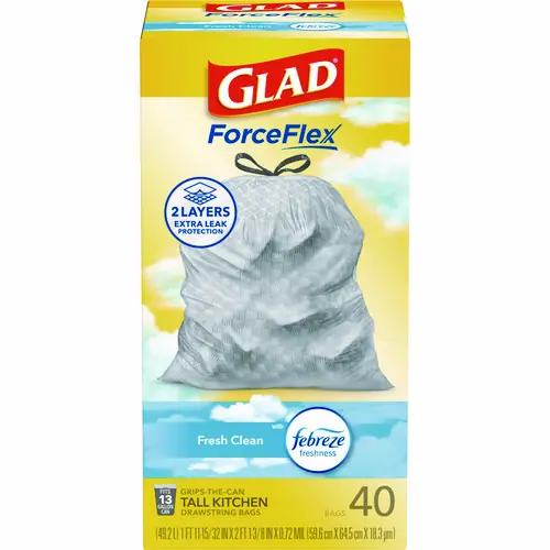 Glad® ForceFlex Kitchen Drawstring Trash Bags, 13 gal, Gain Fresh Clean Scent, White, 40 Bags/Box, 6 Boxes/Carton