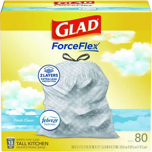 Glad® ForceFlex Kitchen Drawstring Trash Bags, 13 gal, Gain Fresh Clean Scent, 80/Box