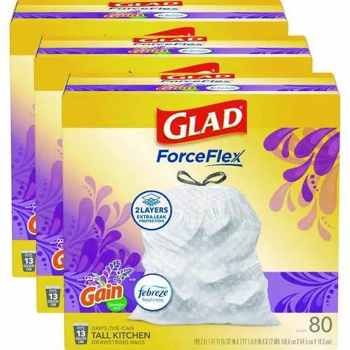 Glad® ForceFlex Kitchen Drawstring Trash Bags, 13 gal, Gain Lavender Scent, 80 Bags/Box, 3 Boxes/Carton