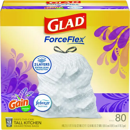Glad® ForceFlex Kitchen Drawstring Trash Bags, 13 gal, Gain Lavender with Febreze Freshness, White, 80/Box