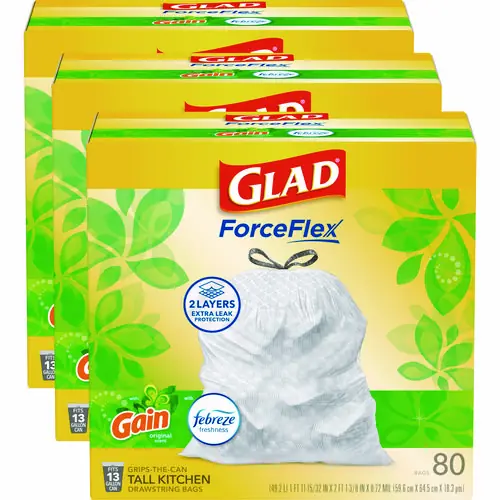 Glad® ForceFlex Kitchen Drawstring Trash Bags, 13 gal, Gain Original Scent, White, 80 Bags/Box, 3 Boxes/Carton