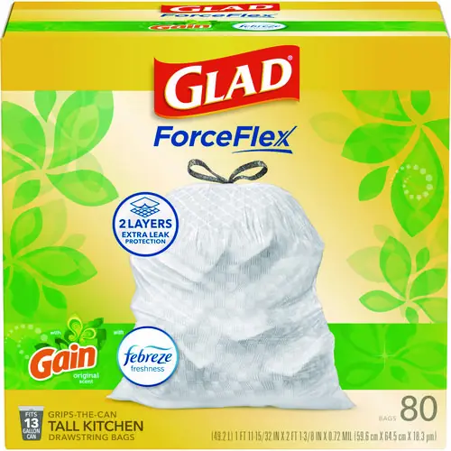 Glad® ForceFlex Kitchen Drawstring Trash Bags, 13 gal, Gain Original Scent, White, 80/Box
