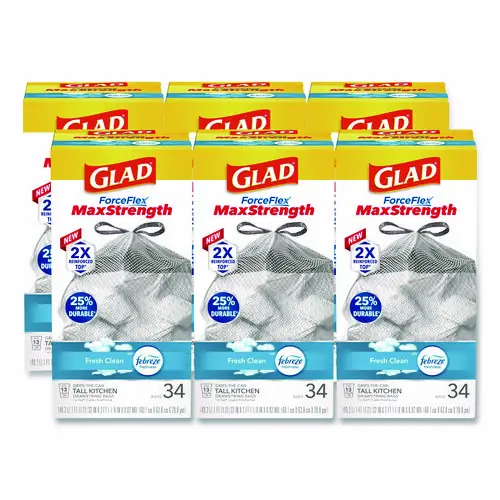 Glad® ForceFlex MaxStrength Tall Kitchen Drawstring Trash Bags, 13 gal, Fresh Clean Scent, White, 34 Bags/Box, 6 Boxes/Carton