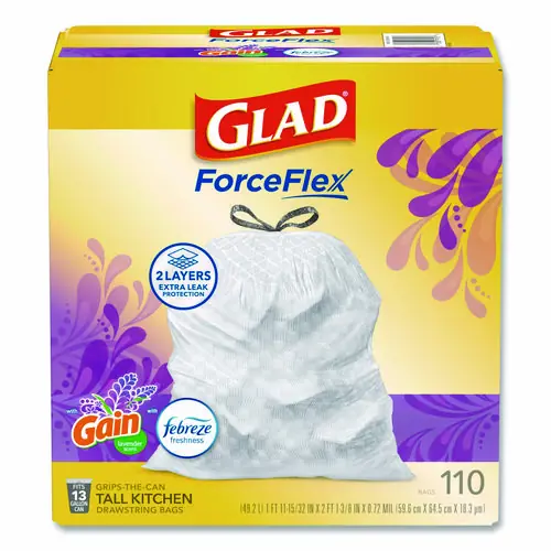 Glad® ForceFlex Tall Kitchen Drawstring Trash Bags, 13 gal, Gain Lavender with Febreze Freshness, White, 110/Box