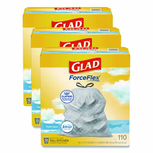 Glad® ForceFlex Tall Kitchen Drawstring Trash Bags, 13 gal, Fresh Clean Scent, Gray, 110/Roll, 3/Carton