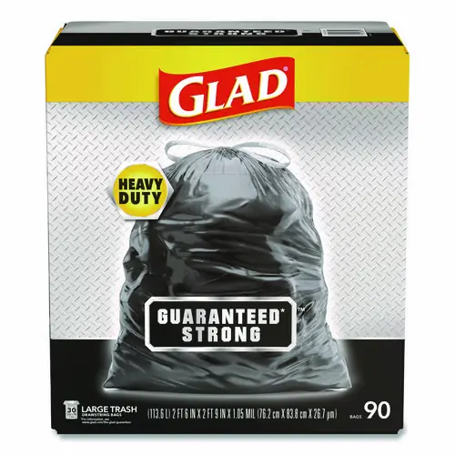 Glad® Guaranteed Strong Large Drawstring Trash Bags, 30 Gallon, Black, 90/Carton