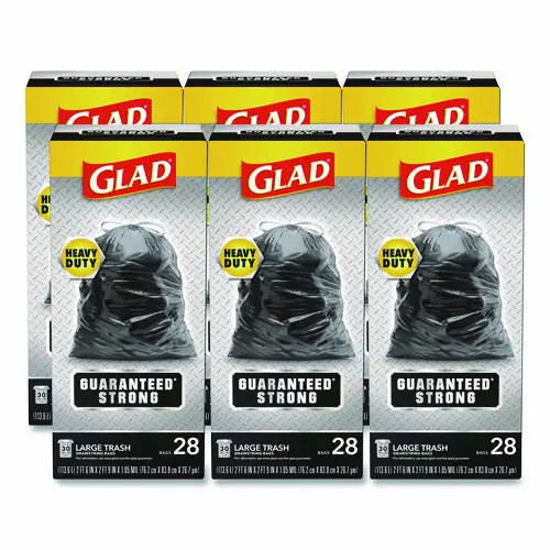 Glad® Guaranteed Strong Large Drawstring Trash Bags, 30 Gallon, Black, 28 Bags/Box, 6 Boxes/Carton