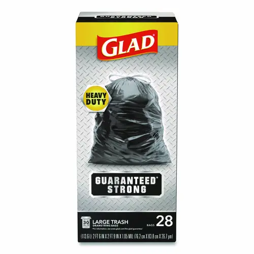 Glad® Guaranteed Strong Large Drawstring Trash Bags, 30 gal, Black, 28/Box