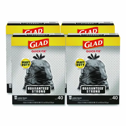 Glad® Large Quick-Tie Trash Bags, Extra Strong, 30 gal, 0.81 mil, 30" x 33", Black, 40 Bags/Box, 4 Boxes/Carton