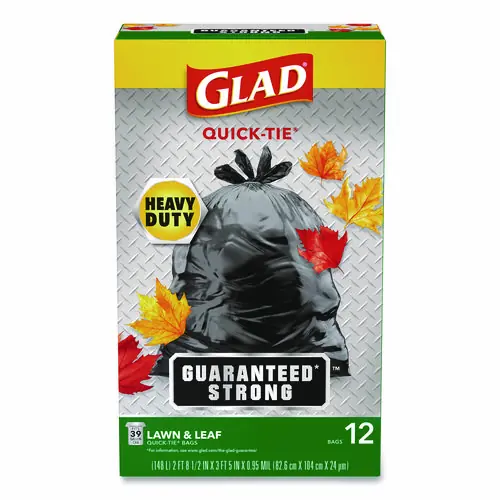 Glad® Large Quick-Tie Trash Bags, Lawn and Leaf, 39 gal, 0.95 mil, 32.5 x 41, Black, 12 Bags/Box